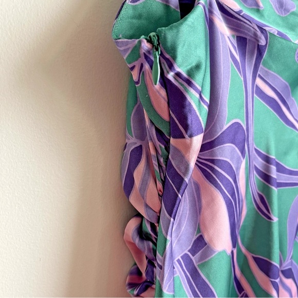 House of Harlow Long Satin Slip Dress Ruched Floral Purple Green Iris Small - Picture 7 of 9